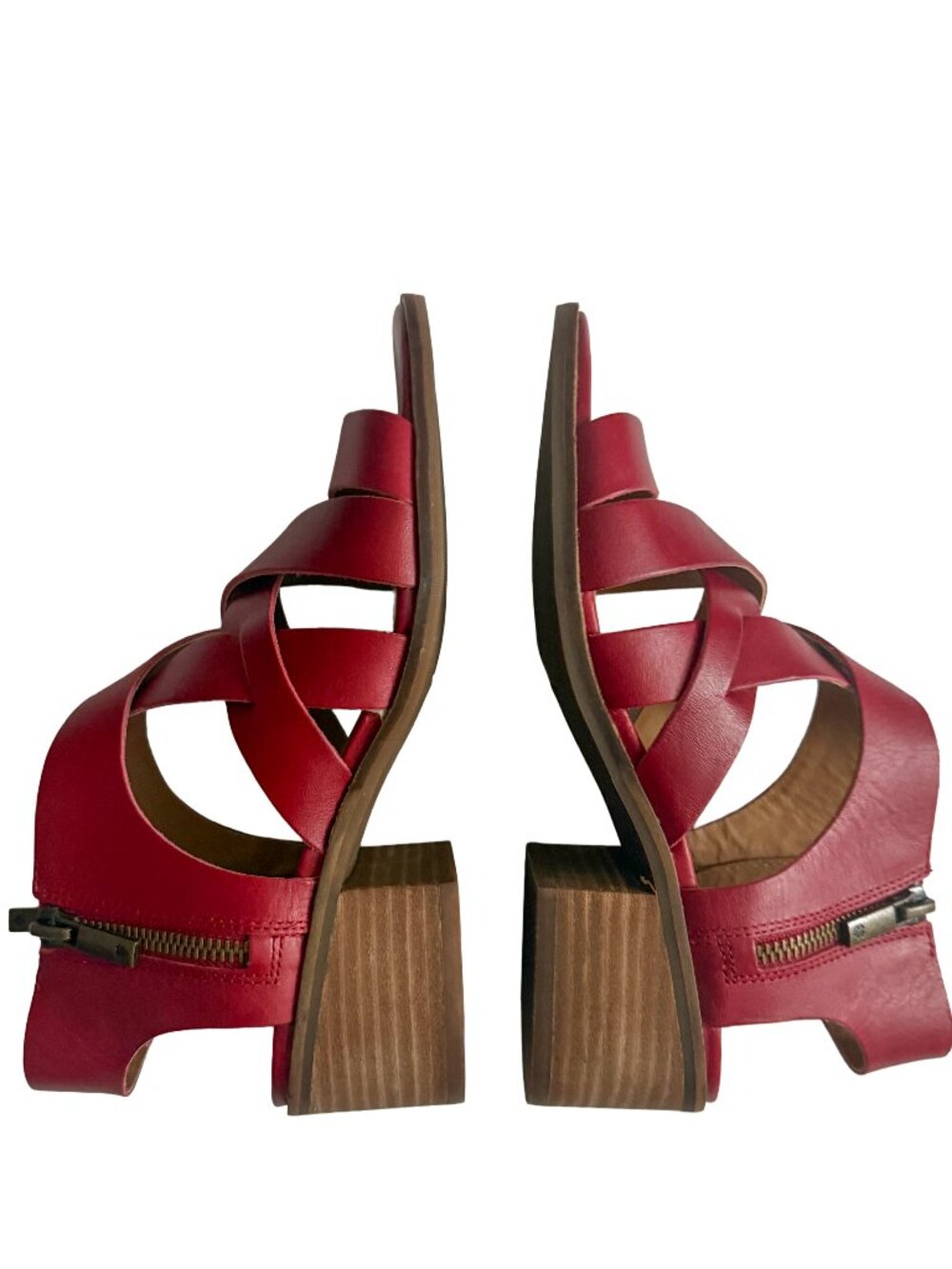 LUCKY BRAND Rich Garnet Red Leather Strappy Sandals Block Heel Size US 5M /EU 35 - Picture 2 of 15